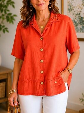 Coastal Resort Linen Blend Beaded Collar Top Orange Relaxed‎ Artsy Chic L